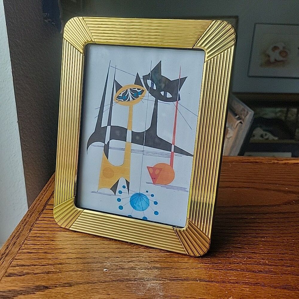Vtg Art Deco MCM Style Brass Photo Picture Frame 5 x 7" Velvet back Mid-Century